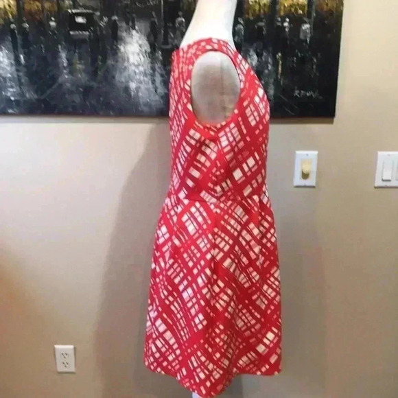 Enfocus Fit & Flare Orange & White Geometric Diamond Cutout Neckline Dress 12 - Picture 3 of 10